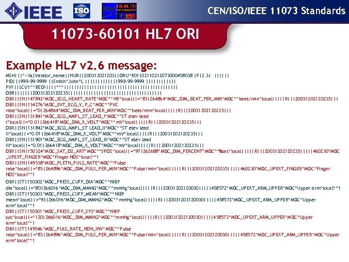 CEN/ISO/IEEE 11073 Standards 11073 -60101 HL 7 ORI Example HL 7 v 2. 6