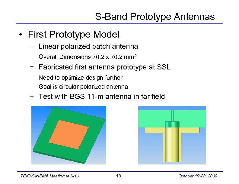 S-Band Prototype Antennas • First Prototype Model − Linear polarized patch antenna Overall Dimensions