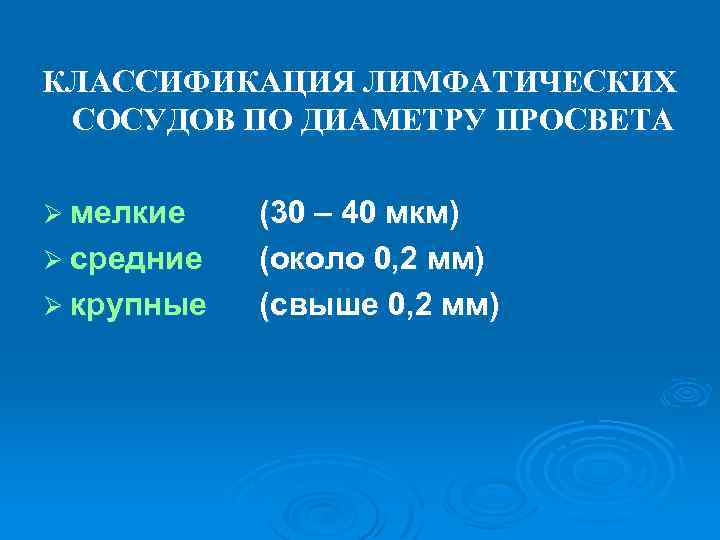 КЛАССИФИКАЦИЯ ЛИМФАТИЧЕСКИХ СОСУДОВ ПО ДИАМЕТРУ ПРОСВЕТА Ø мелкие Ø средние Ø крупные (30 –