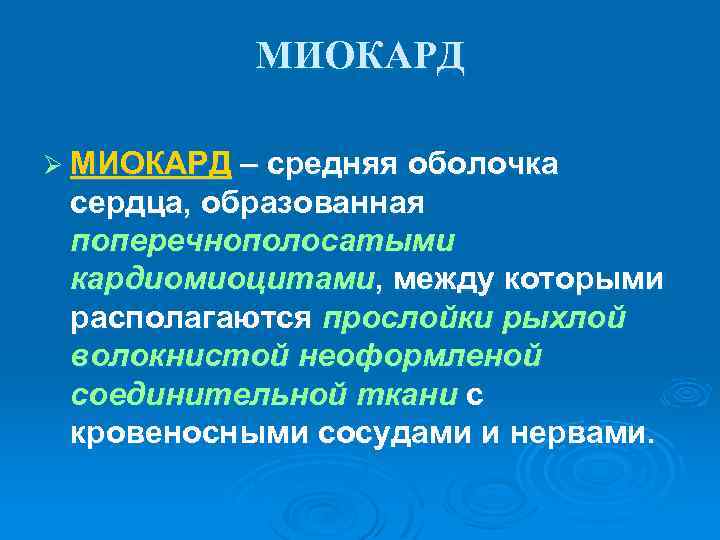 МИОКАРД Ø МИОКАРД – средняя оболочка сердца, образованная поперечнополосатыми кардиомиоцитами, между которыми располагаются прослойки