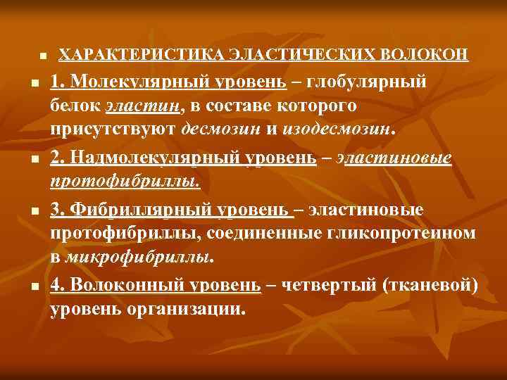 n n n ХАРАКТЕРИСТИКА ЭЛАСТИЧЕСКИХ ВОЛОКОН 1. Молекулярный уровень – глобулярный белок эластин, в