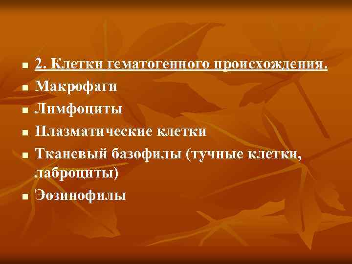 n n n 2. Клетки гематогенного происхождения. Макрофаги Лимфоциты Плазматические клетки Тканевый базофилы (тучные