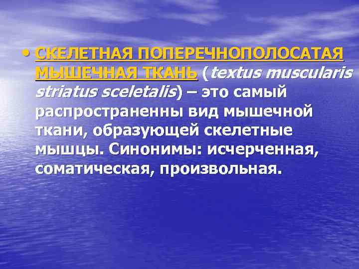 • СКЕЛЕТНАЯ ПОПЕРЕЧНОПОЛОСАТАЯ МЫШЕЧНАЯ ТКАНЬ (textus muscularis striatus sceletalis) – это самый распространенны