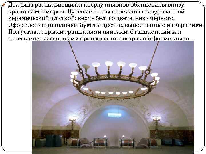  Два ряда расширяющихся кверху пилонов облицованы внизу красным мрамором. Путевые стены отделаны глазурованной