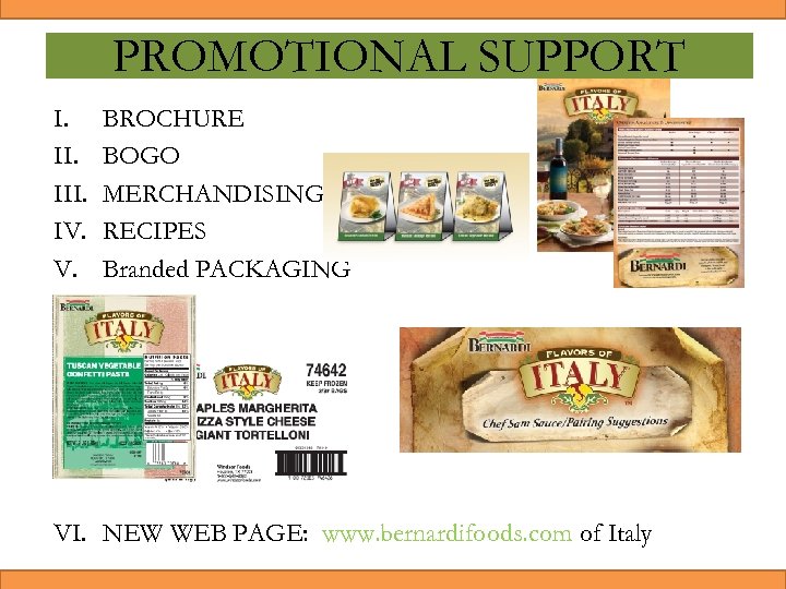 PROMOTIONAL SUPPORT I. III. IV. V. BROCHURE BOGO MERCHANDISING RECIPES Branded PACKAGING VI. NEW