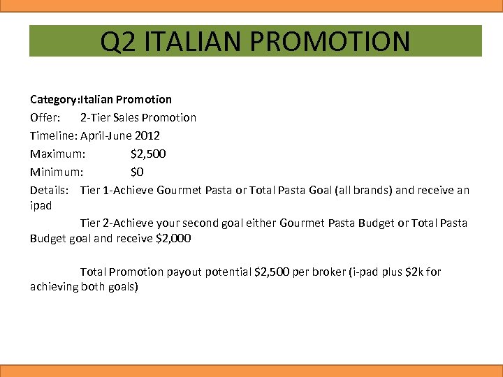 Q 2 ITALIAN PROMOTION Category: Italian Promotion Offer: 2 -Tier Sales Promotion Timeline: April-June