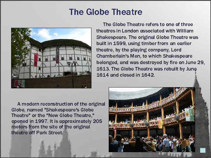 The Globe Theatre refers to one of three theatres in London associated with William