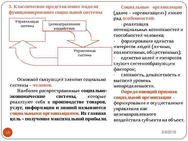 3. Классическое представление модели функционирования социальной системы Управляющая система Целенаправленное воздействие Управляемая система Основной