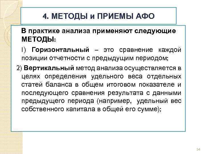 4. МЕТОДЫ и ПРИЕМЫ АФО В практике анализа применяют следующие МЕТОДЫ: 1) Горизонтальный –
