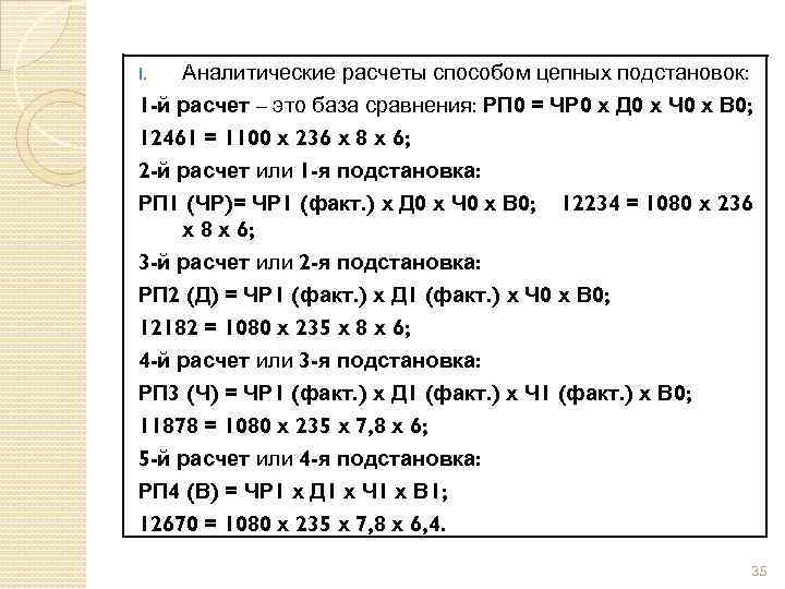I. Аналитические расчеты способом цепных подстановок: 1 -й расчет – это база сравнения: РП