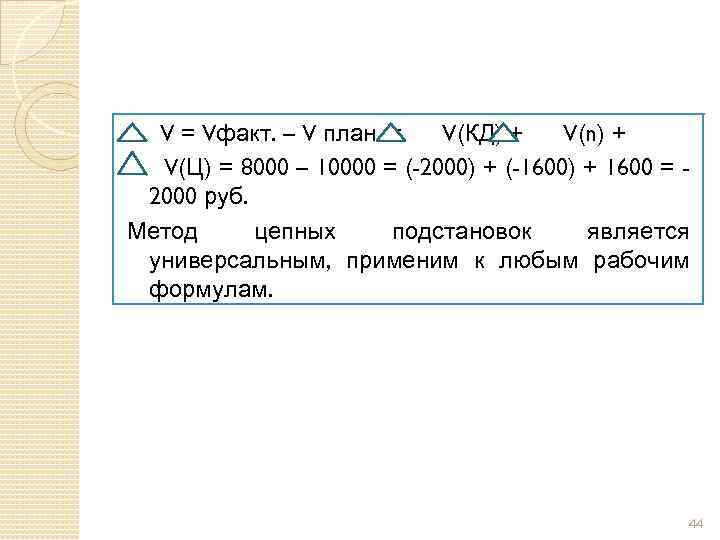 V = Vфакт. – V план. = V(КД) + V(n) + V(Ц) = 8000