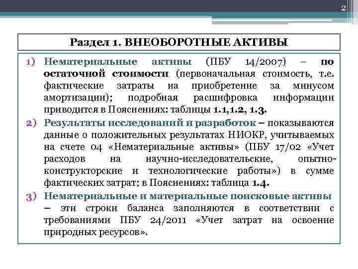 2 Раздел 1. ВНЕОБОРОТНЫЕ АКТИВЫ 1) Нематериальные активы (ПБУ 14/2007) – по остаточной стоимости