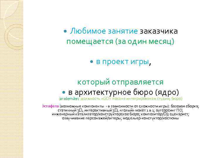 Любимое занятие заказчика помещается (за один месяц) в проект игры, который отправляется в архитектурное