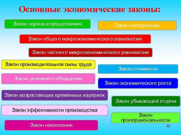 Основные экономические законы: Закон спроса и предложения Закон конкуренции Закон общего макроэкономического равновесия Закон