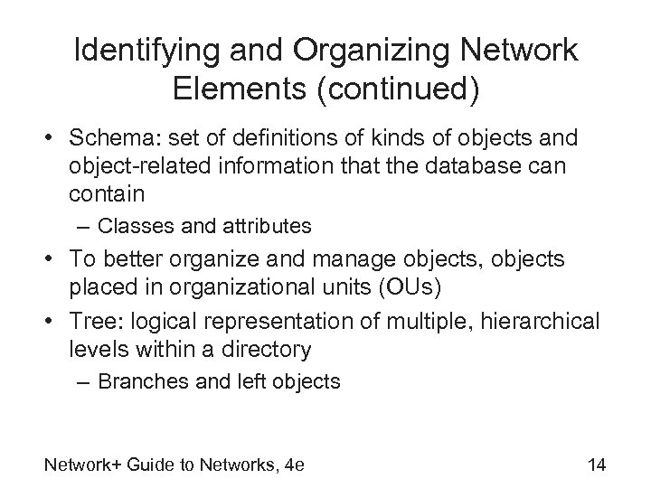 Identifying and Organizing Network Elements (continued) • Schema: set of definitions of kinds of