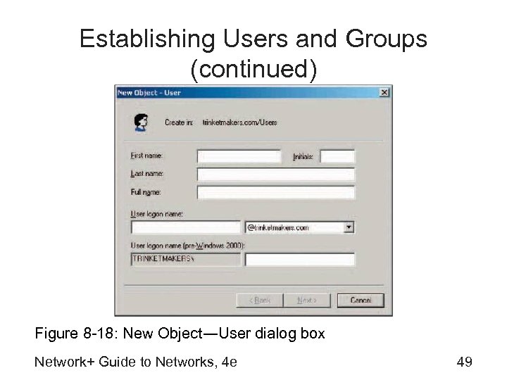 Establishing Users and Groups (continued) Figure 8 -18: New Object―User dialog box Network+ Guide