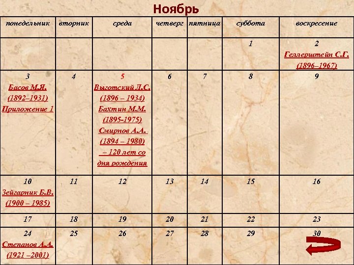 Ноябрь понедельник вторник среда четверг пятница суббота воскресение 1 3 Басов М. Я. (1892–