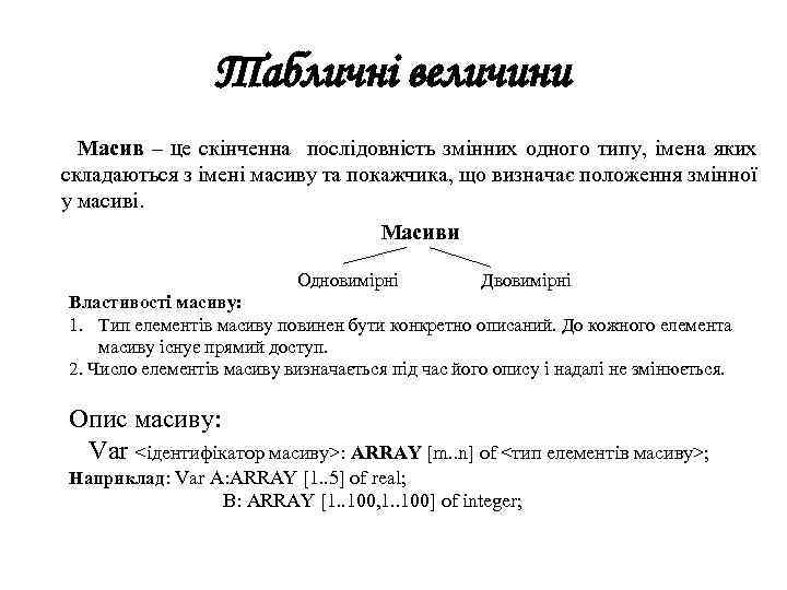 Табличні величини Масив – це скінченна послідовність змінних одного типу, імена яких складаються з