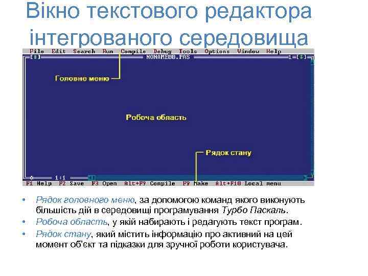 Вікно текстового редактора інтегрованого середовища • • • Рядок головного меню, за допомогою команд
