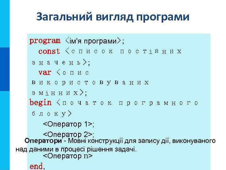 Загальний вигляд програми program <ім'я програми>; const <список постійних значень>; var <опис використовуваних змінних>;