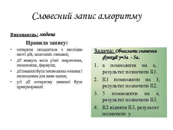Словесний запис алгоритму Виконавець: людина Правила запису: • • алгоритм складається з послідовності дій,
