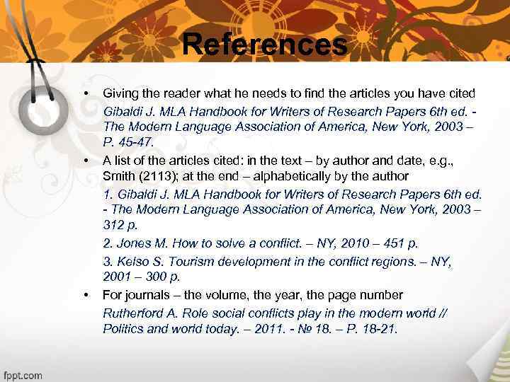 References • • • Giving the reader what he needs to find the articles