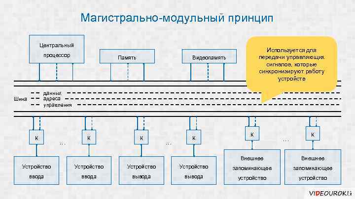 Магистрально-модульный принцип Центральный процессор Память Используется для передачи управляющих сигналов, которые синхронизируют работу устройств