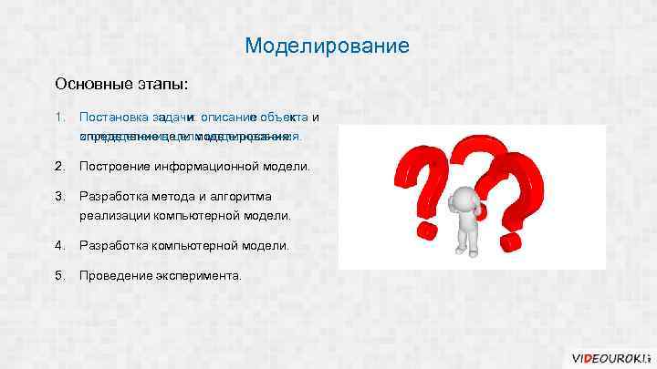 Моделирование Основные этапы: 1. Постановка задачи: описание объекта и и определение цели моделирования. 2.