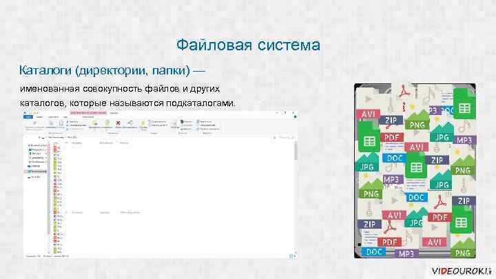 Файловая система Каталоги (директории, папки) — именованная совокупность файлов и других каталогов, которые называются