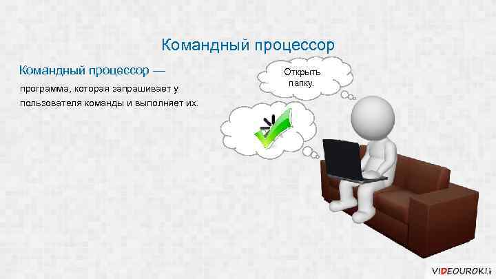 Командный процессор — программа, которая запрашивает у пользователя команды и выполняет их. Открыть папку.