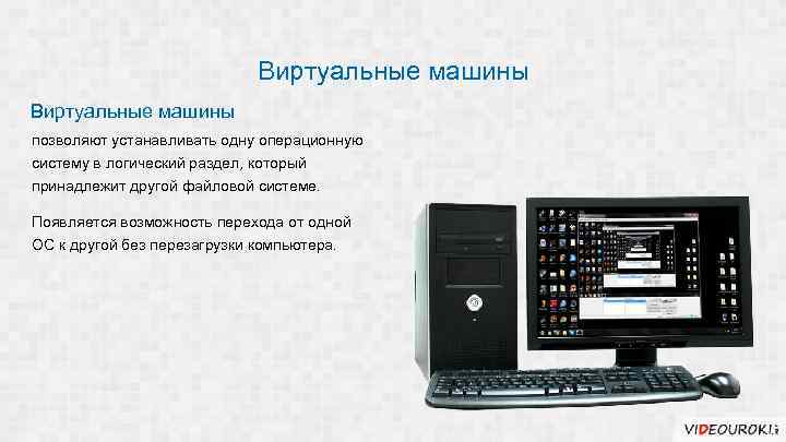 Виртуальные машины позволяют устанавливать одну операционную систему в логический раздел, который принадлежит другой файловой