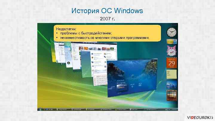 История ОС Windows 2007 г. Недостатки: • проблемы с быстродействием; • несовместимость со многими