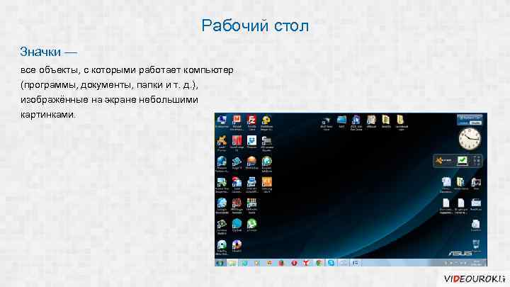 Рабочий стол Значки — все объекты, с которыми работает компьютер (программы, документы, папки и