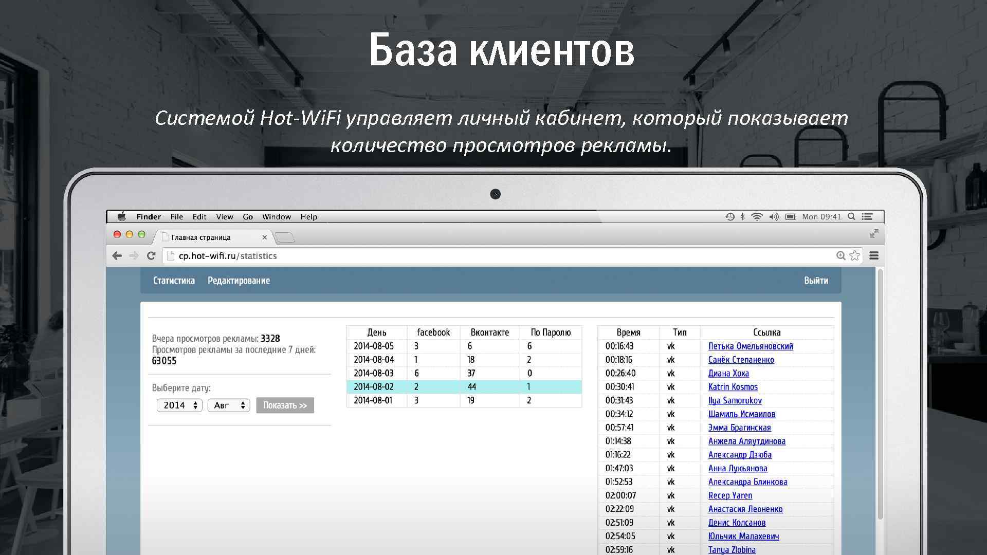 База клиентов Системой Hot-Wi. Fi управляет личный кабинет, который показывает количество просмотров рекламы. 