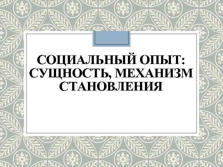 СОЦИАЛЬНЫЙ ОПЫТ: СУЩНОСТЬ, МЕХАНИЗМ СТАНОВЛЕНИЯ 