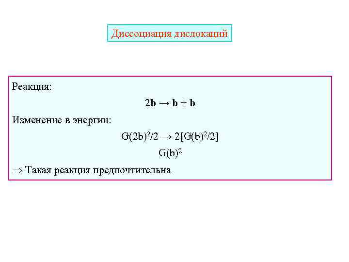 Диссоциация дислокаций Реакция: 2 b → b + b Изменение в энергии: G(2 b)2/2