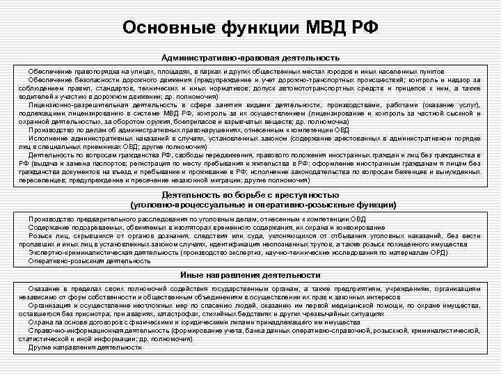 Основные функции МВД РФ Административно-правовая деятельность Обеспечение правопорядка на улицах, площадях, в парках и