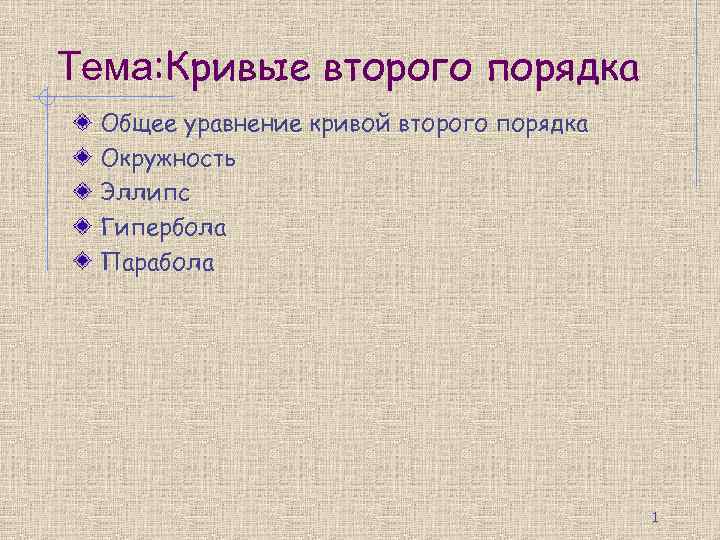 Тема: Кривые второго порядка Общее уравнение кривой второго порядка Окружность Эллипс Гипербола Парабола 1