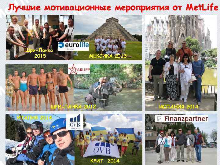 Лучшие мотивационные мероприятия от Met. Life Шри-Ланка 2015 МЕКСИКА 2013 ШРИ-ЛАНКА 2012 ИТАЛИЯ 2014