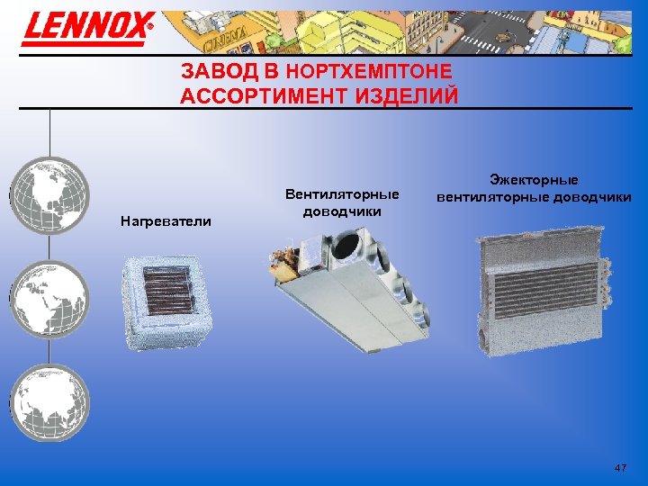 ЗАВОД В НОРТХЕМПТОНЕ АССОРТИМЕНТ ИЗДЕЛИЙ Нагреватели Вентиляторные доводчики Эжекторные вентиляторные доводчики 47 