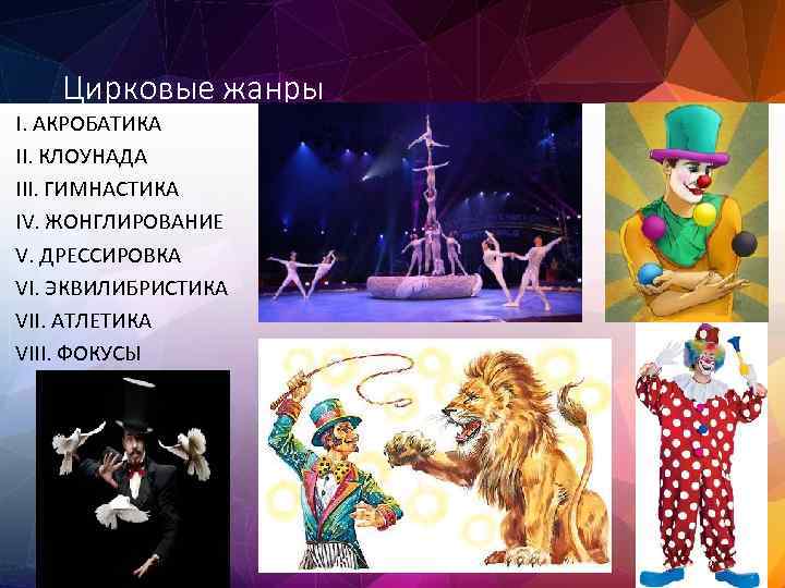 Цирковые жанры I. АКРОБАТИКА II. КЛОУНАДА III. ГИМНАСТИКА IV. ЖОНГЛИРОВАНИЕ V. ДРЕССИРОВКА VI. ЭКВИЛИБРИСТИКА