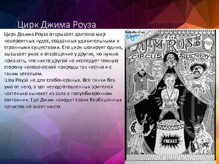 Цирк Джима Роуза открывает зрителю мир невероятных чудес, созданных удивительными и странными существами. Его