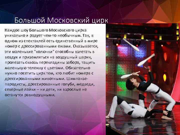 Большой Московский цирк Каждое шоу Большого Московского цирка уникально и радует чем-то необычным. Так,