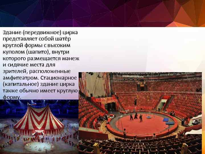 Здание (передвижное) цирка представляет собой шатёр круглой формы с высоким куполом (шапито), внутри которого