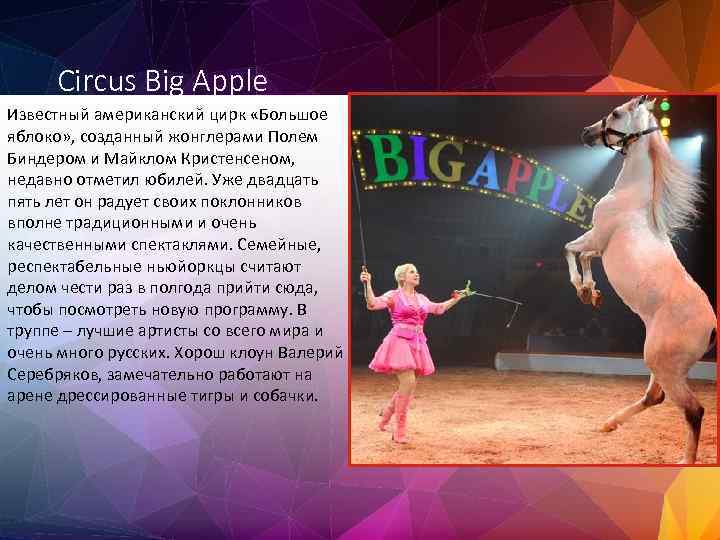 Circus Big Apple Известный американский цирк «Большое яблоко» , созданный жонглерами Полем Биндером и