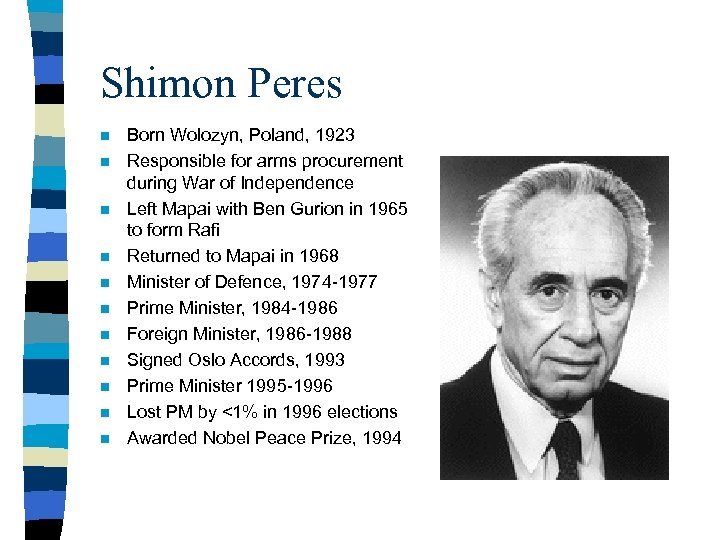 Shimon Peres n n n Born Wolozyn, Poland, 1923 Responsible for arms procurement during