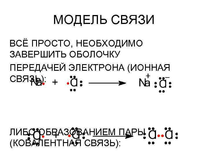 МОДЕЛЬ СВЯЗИ ВСЁ ПРОСТО, НЕОБХОДИМО ЗАВЕРШИТЬ ОБОЛОЧКУ ПЕРЕДАЧЕЙ ЭЛЕКТРОНА (ИОННАЯ СВЯЗЬ): ЛИБО ОБРАЗОВАНИЕМ ПАРЫ