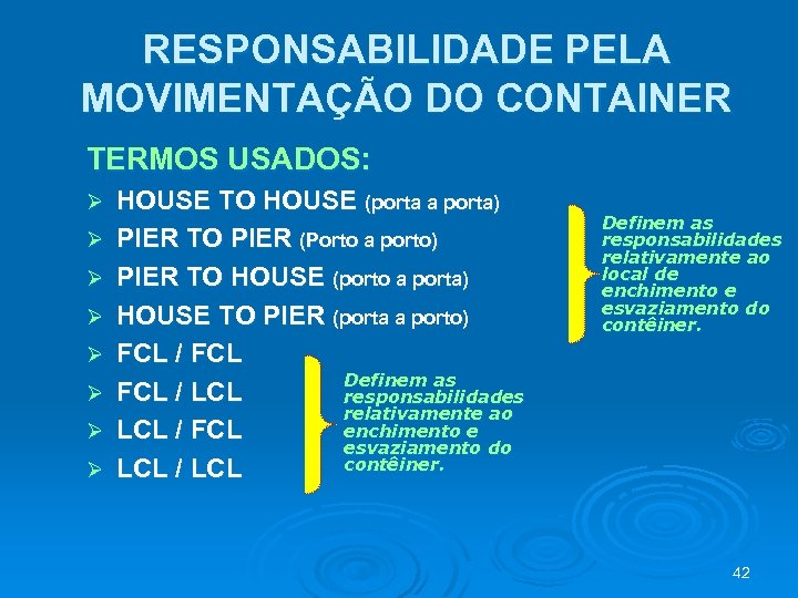 RESPONSABILIDADE PELA MOVIMENTAÇÃO DO CONTAINER TERMOS USADOS: Ø Ø Ø Ø HOUSE TO HOUSE