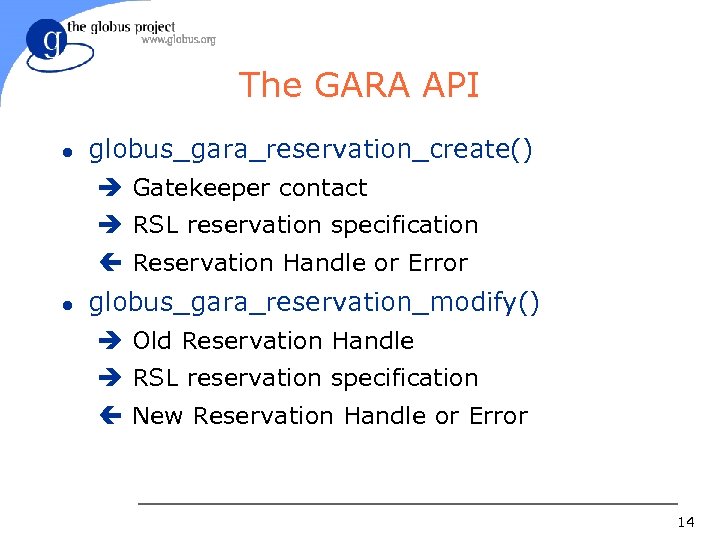 The GARA API l globus_gara_reservation_create() è Gatekeeper contact è RSL reservation specification ç Reservation