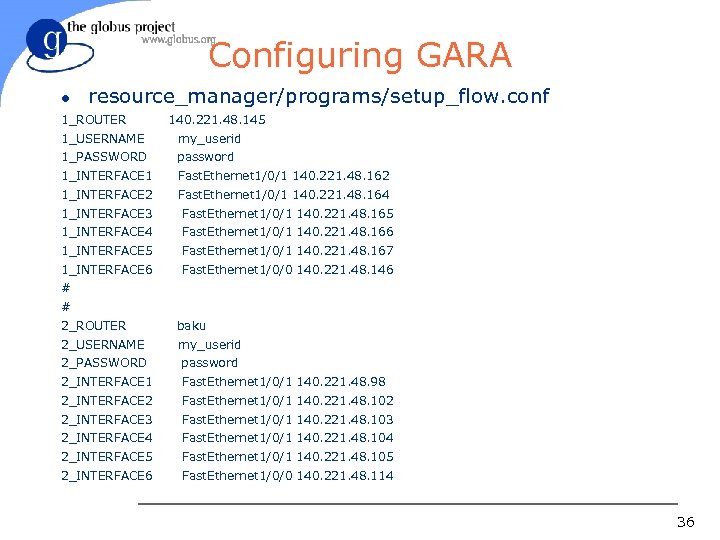 Configuring GARA l resource_manager/programs/setup_flow. conf 1_ROUTER 140. 221. 48. 145 1_USERNAME my_userid 1_PASSWORD password